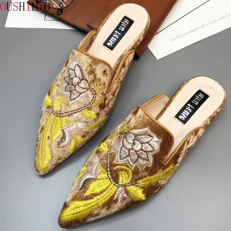

gold velvet mules shoes women embroidery flower slippers pointed toe flock flat moccasins embroider floral loafers flats 2019