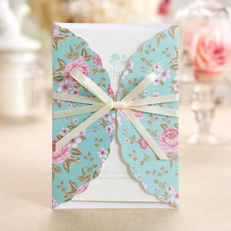 

50pcs Blue Flower Pattern Marriage Wedding Invitations Cards Greeting Card 3D Card Laser Cut Postcard Event Party Supplies