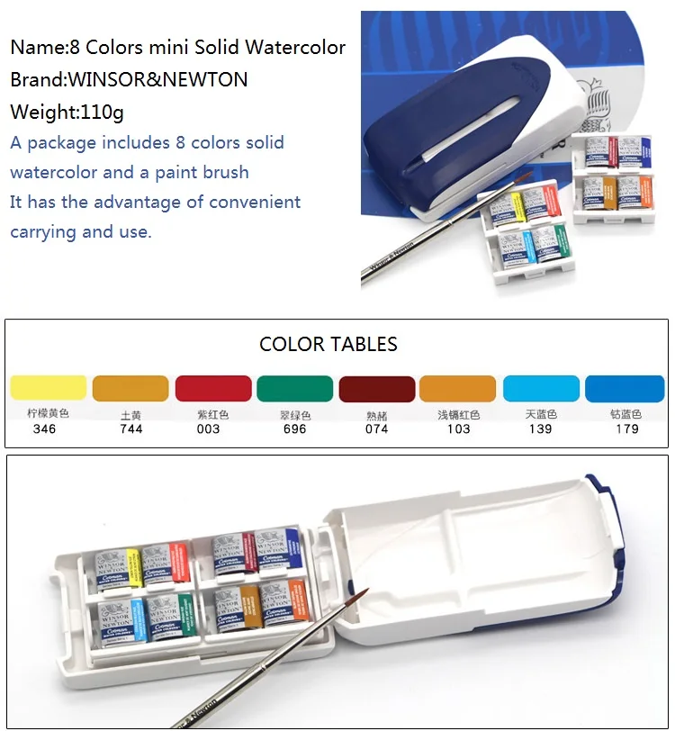 WINSOR& NEWTON cotman, 8 цветов, мини упаковка, одноцветная краска для акварели, пигмент для художника с кисточкой, ручка