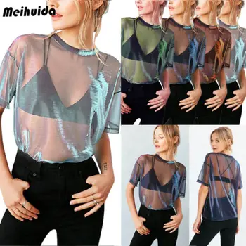 

2019 Mesh Tee See-Through Women T-shirts Short Sleeve Perspective Shine Casual Women Tops Lady Vintage Blusa