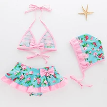 Детское платье для маленьких девочек, 3 предмета Шорты для плавания, милый купальник с растительным узором для девочек, лето бикини, купальный костюм 2-6Y