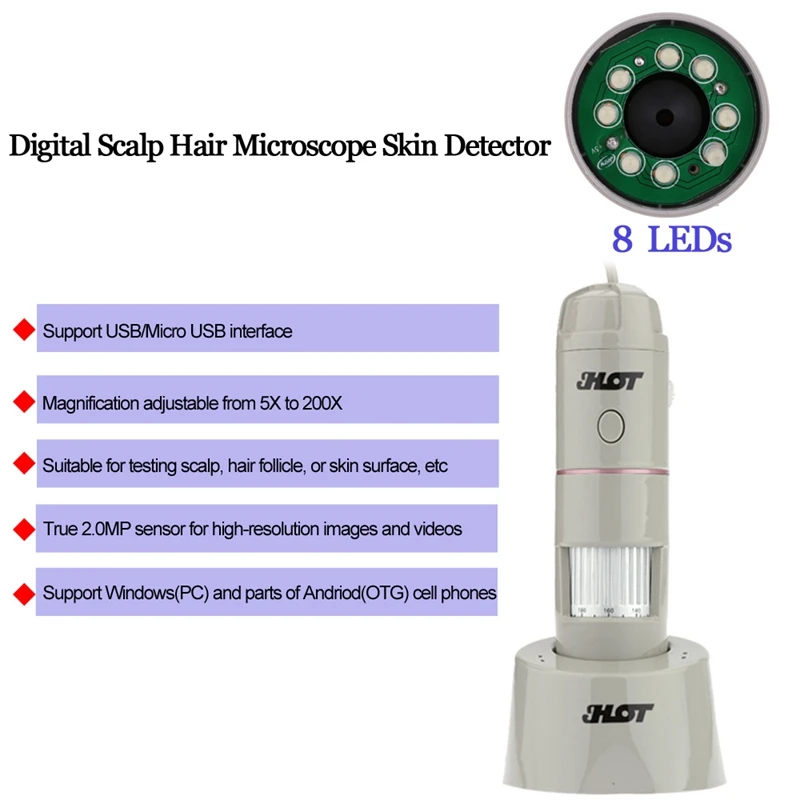 5-200x USB цифровой микроскоп для волос с функцией OTG 2.0MP камера Лупа с базой и 8LED детектор кожи анализатор