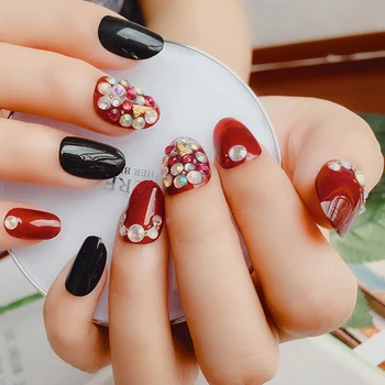 

24pcs Wine Red Black Jump Color Shiny Diamond Artificial Nail Tips Elegent Women Deep Short Round Full False Nails With Glue