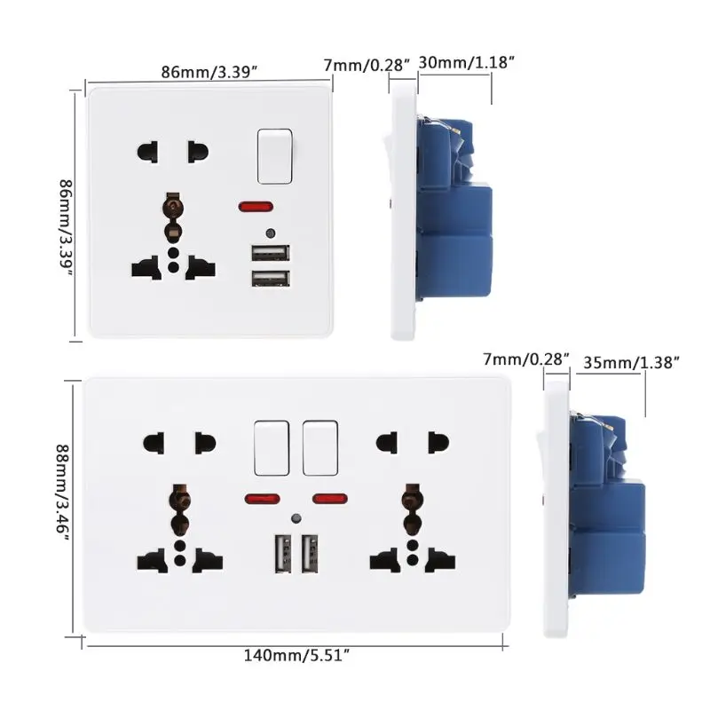 Настенная розетка 220-250 В 13А, светодиодный светильник с переключателем, 86 Тип, 5 отверстий, двойная USB белая ПК Панель, белый цвет, одиночная рамка/Двойная Рамка