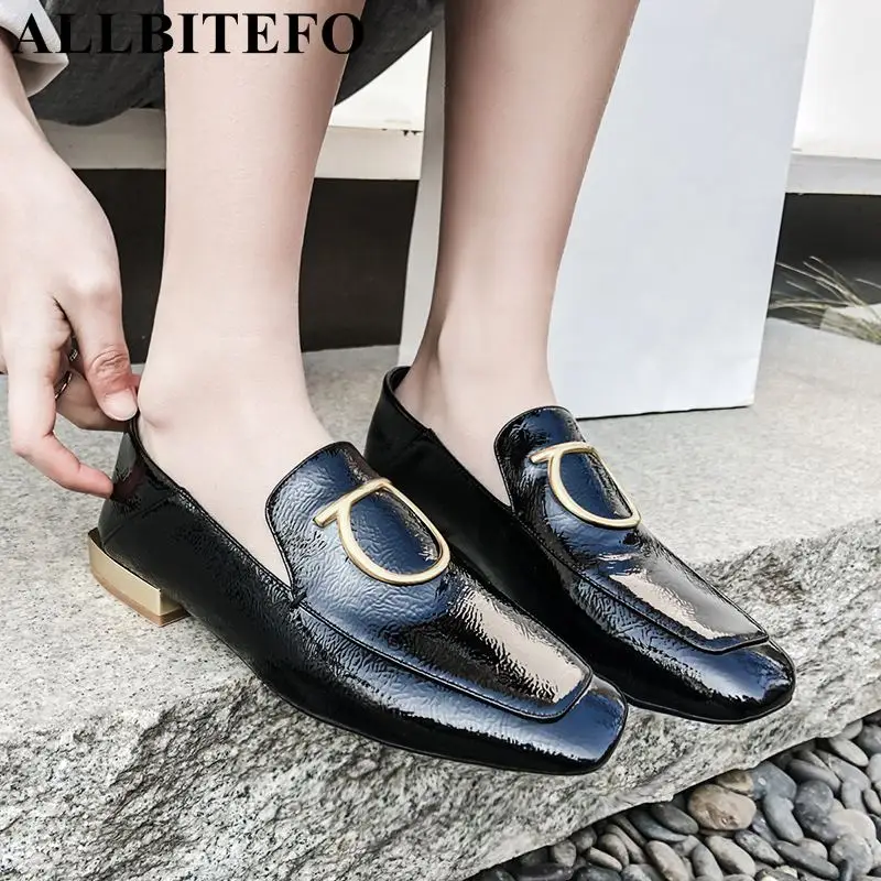 

ALLBITEFO new brand fashion genuine leather women heels shoes metal design square toe low heel shoes girls ladies leisure shoes