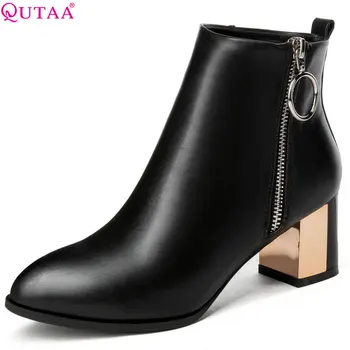 

QUTAA 2019 Women Ankle Boots Winter Boots Flock /pu Leather Pointed Toe All Match Square Heel Casual Women Boots Big Size 34-43