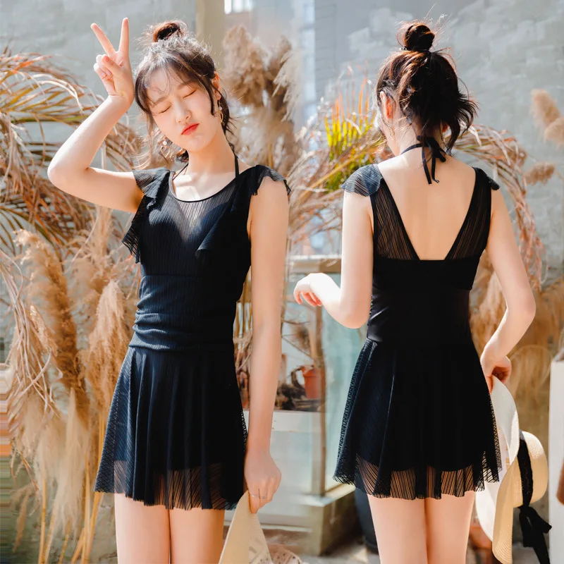 

New 2019 Women Swimsuit Black Push Up Skirted Bathing Suit Padded One Piece Lace Beach Dress Sexy Ladies Swimwear