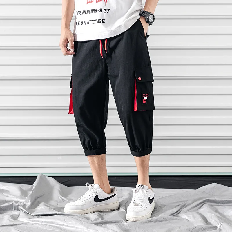 

Safari Style Calf-Length Pants Multi-Pockets Men's Pants Elastic Waist Large Size Calf-Length Pants