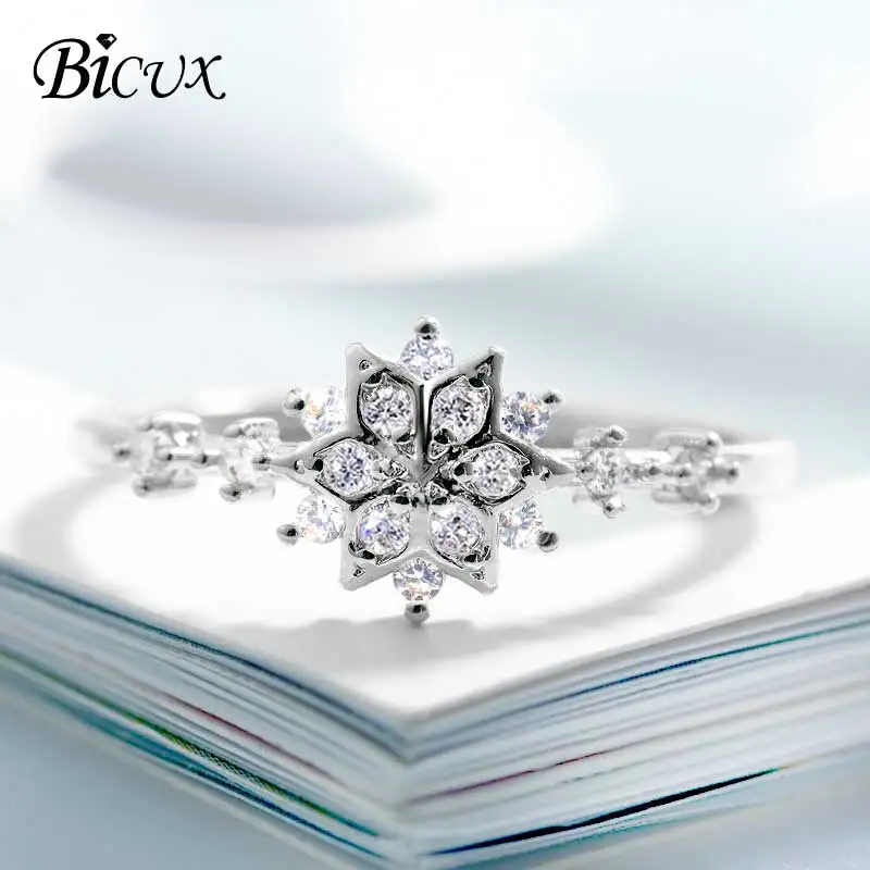 BICUX, новинка, кольца со снежинками и кристаллами, роскошные золотые серебряные обручальные кольца для женщин, модное обручальное кольцо с кубическим цирконием, ювелирные изделия - Цвет основного камня: Silver