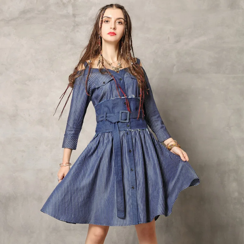 

Denim Dress 2019 Spring Women Long sleeve Off the shouder Knee Length Belted Ladies Cotton Vintage Party Dresses