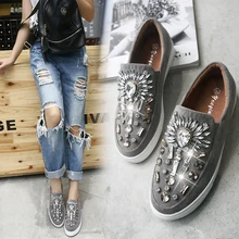 Frauen schuhe loafer Frau Wohnungen 2016 Frühling Herbst tief Mund Runde kappe Crystsal Espadrilles Schuhe Frauen Rutschen auf Schwarz/grau
