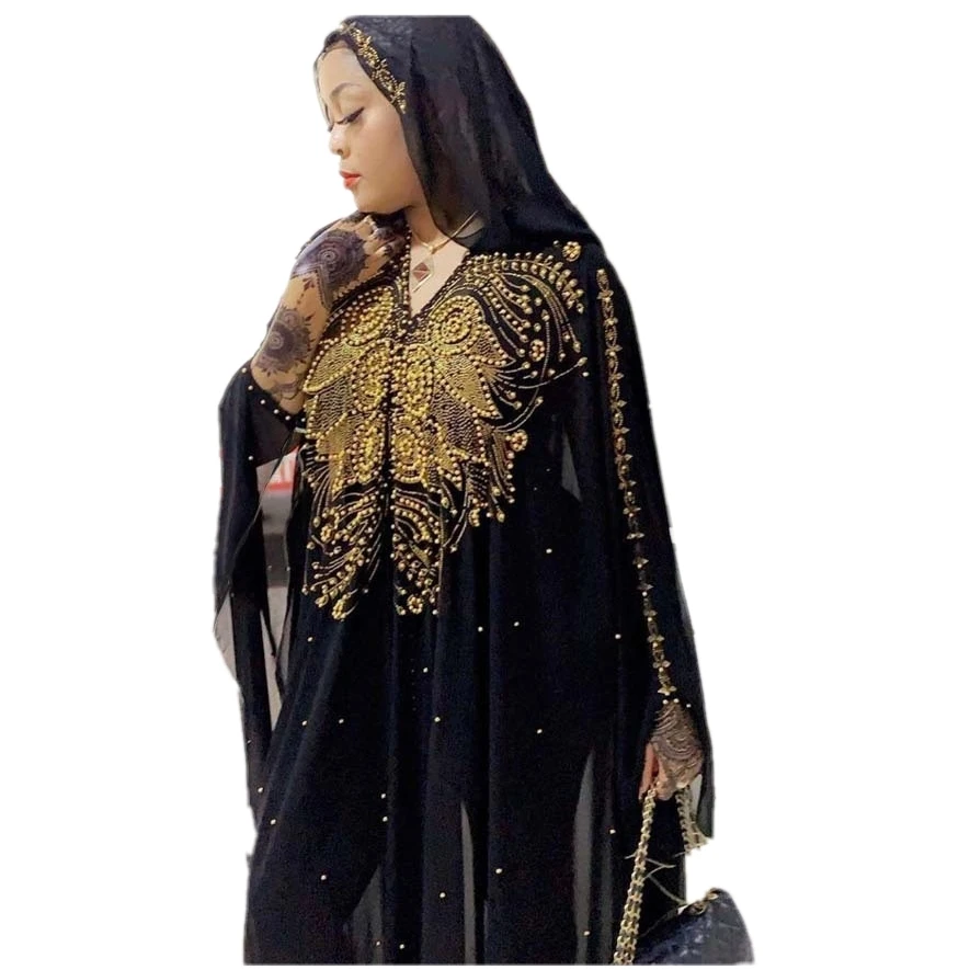 

Plus Size African Dresses for Women Dashiki Diamond Beads African Clothes Abaya Dubai Robe Evening Long Muslim Dress Hooded Cape