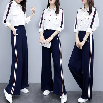 

2019 Blue White Two Piece Sets Women Plus Size 3/4 Sleeve Blouses And Wide Leg Pants Suits Casual Elegant Office Women's Sets