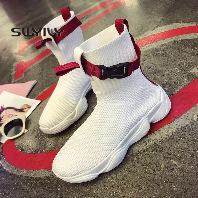 SWYIVY 2019 Hot Autumn Women's Platform Sneakers Sock Shoes White Female New Hip-hop Black Shoes High-top Sneakers Ulzzang