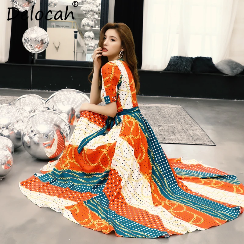 Delocah Women Summer Dress Runway Fashion Designer V-Neck Dot Print Bow Tie Elegant Casual Holiday Party Ladies Long Dresses