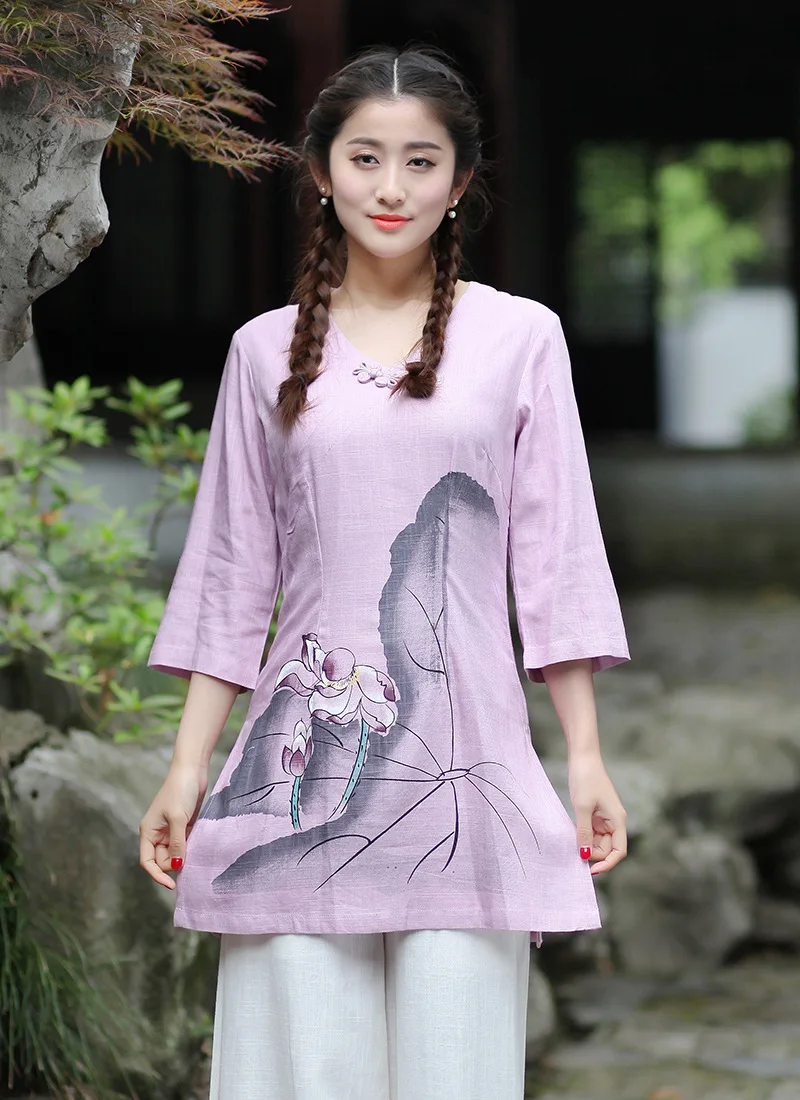 Традиционный китайский Топы Для женщин белье хлопковая блуза летняя футболка Размеры м до 3XL