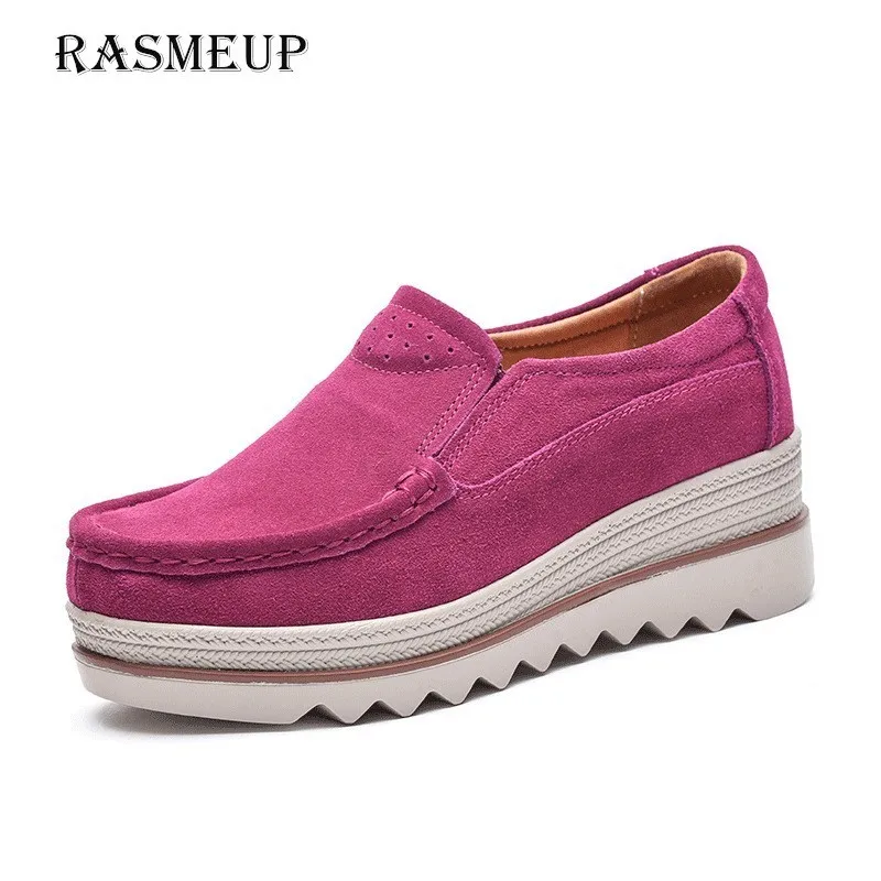 

RASMEUP Leather Suede Women Platform Sneakers 2018 Autumn Women Slip On Heels Flats Woman Casual Shoes Ladies Creepers Moccasins