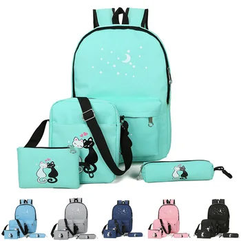 

4 Pcs Teenager Cute Cat Print Backpack Bag Set Unisex School Rucksack Shoulder Bags Pencil Case Sets Women bag