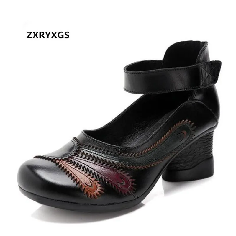 

2019 National Style Spell Colors Genuine Leather Shoes Woman High Heels 5 Cm ComfortWomen Fashion Shoes Banquet Wedding Shoes