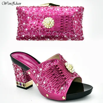 

Fuchsia Italian Ladies Shoe and Bag Set Decorated with Rhinestone Nigerian Women Wedding Shoes and Bag Set African Party D96-1