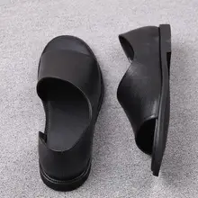 Мужские летние сандалии на плоской подошве с открытым носком; обувь в рыбацком стиле из натуральной кожи; повседневная обувь без застежки в морском стиле; мужские мокасины в классическом стиле; Цвет Черный