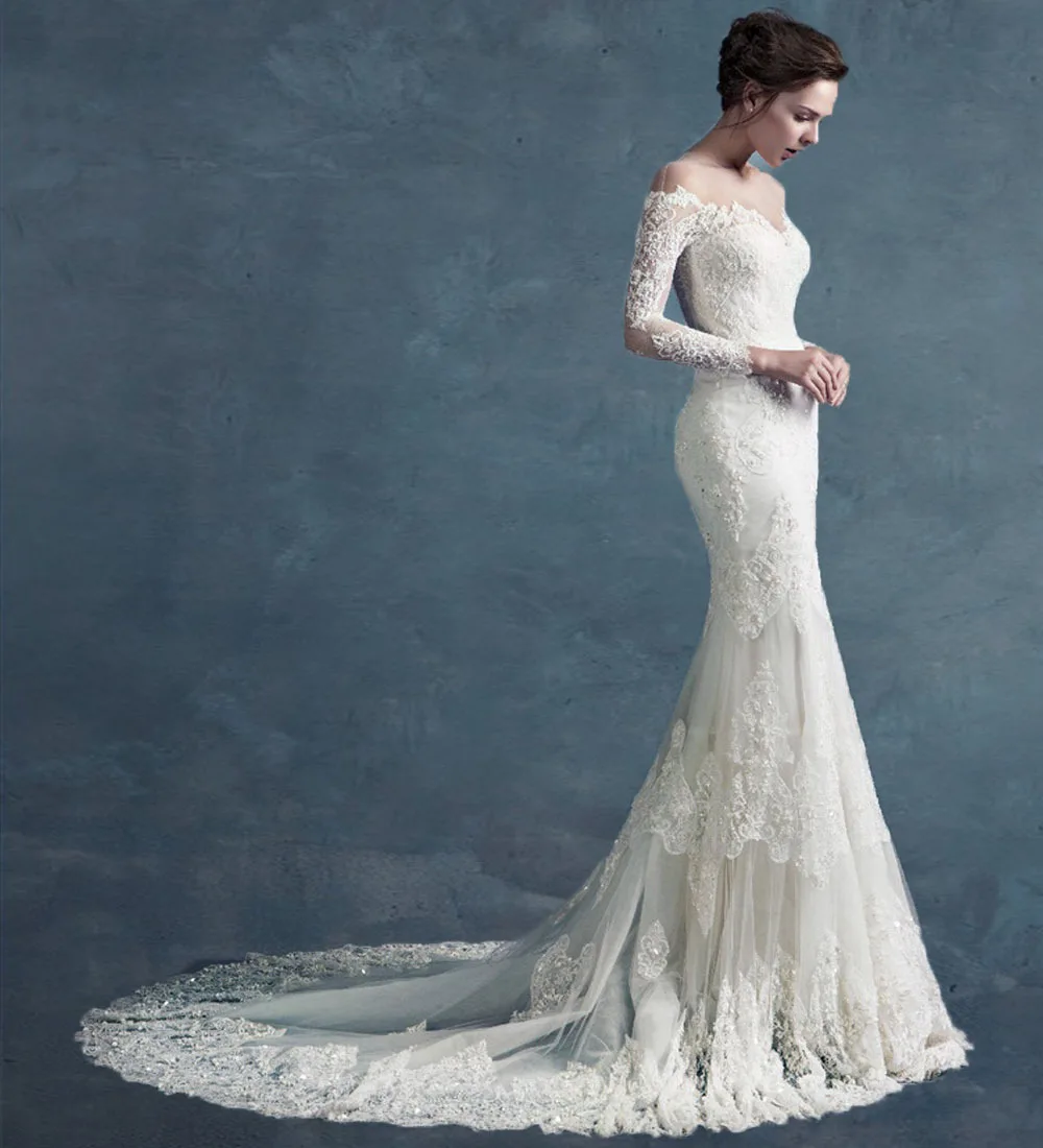 

Romantic Sexy See Through Scoop Long Sleeves Chapel Train Lace Wedding Dress Mermaid Wedding Dresses Vestido De Novia 2016 MF-10