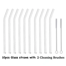 10 шт стеклянные соломинки прозрачные ИЗОГНУТЫЕ 20 см "х 8 мм-идеальная многоразовая соломинка для смузи, чая, сока-10 упаковок с чистящей щеткой