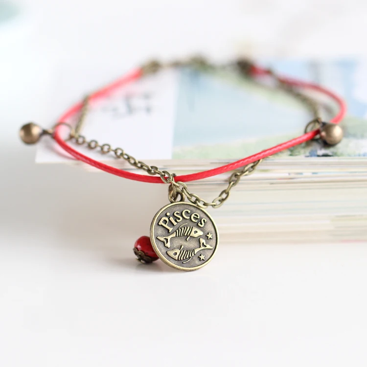 

Fashion 12 Zodiac Anklets Red String with Ceramic Bead handmade Anklet for Men Women Charm Jewelry with Bell Wholesale