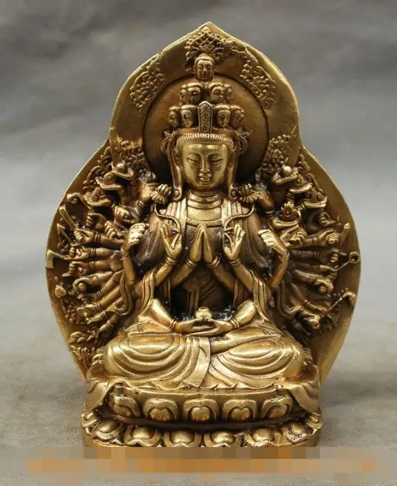 

S7090 Chinese Brass Buddhism Kwan-Yin Bowl 1000 Arm Avalokitesvara Buddha Statue Set D0317