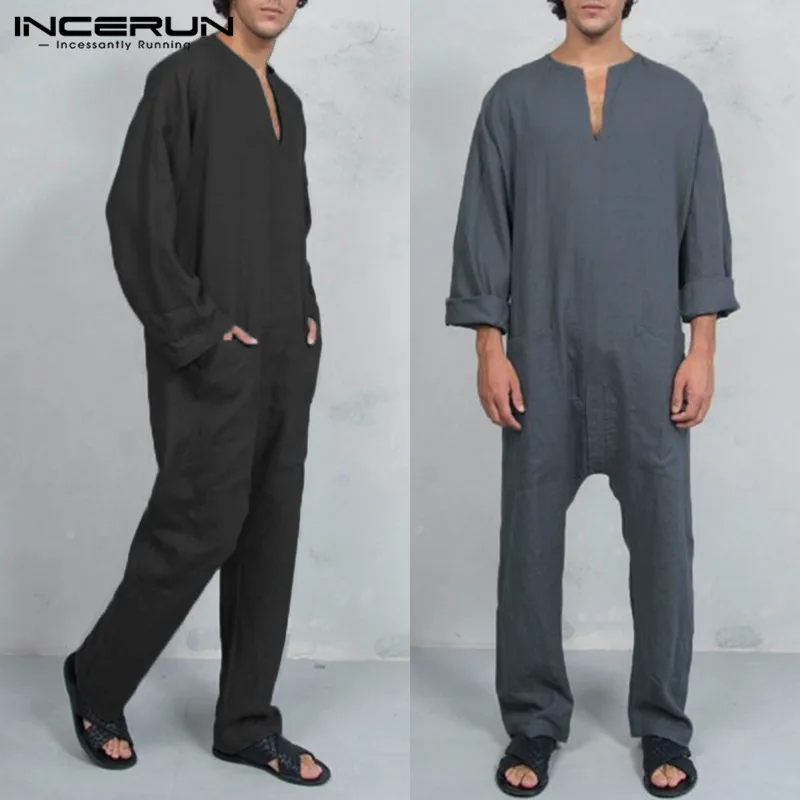 

INCERUN New Mens Muslim Islamic Clothes Casual Cotton Male Pants Jumpsuits Loose Vintage Overalls Pockets Long Trousers Men 2019