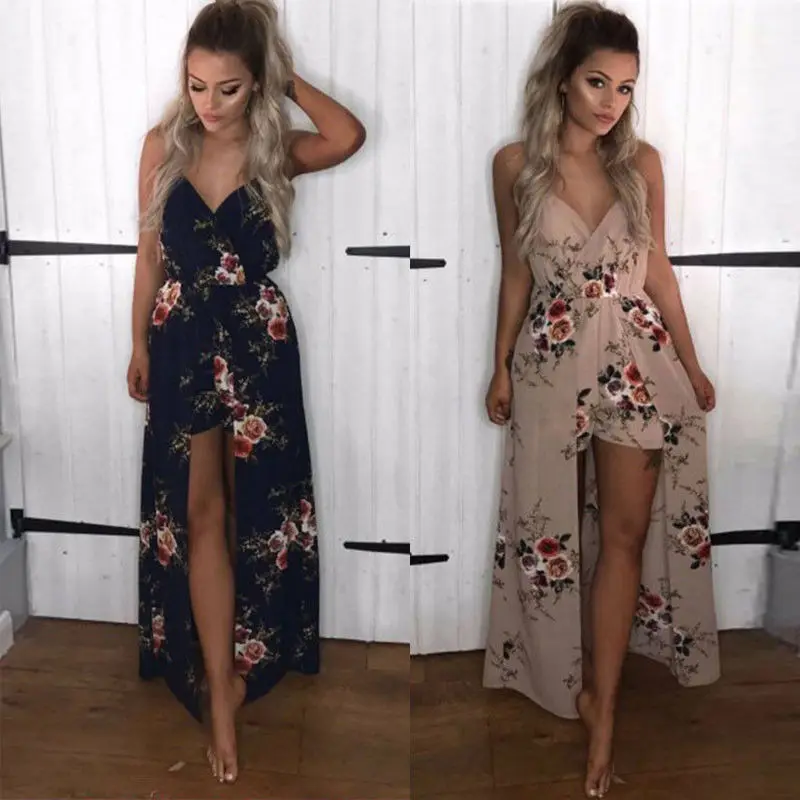 

2018 Club Rompers Women Autumn Jumpsuit Sexy Deep V Neck Sleeveless Ruffled Vintage Print Bodysuit Casual Beach Playsuit