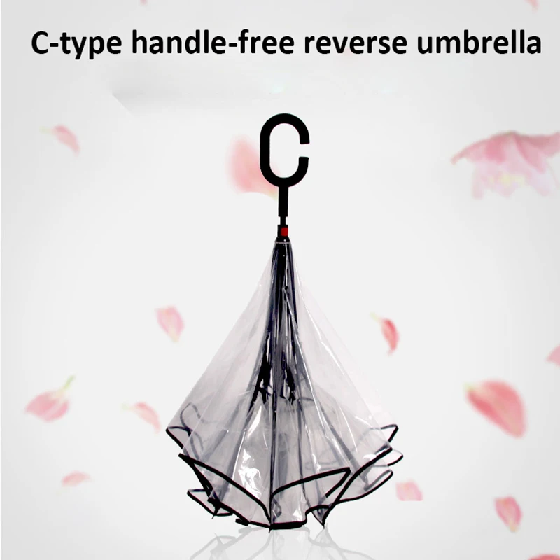 Ceny Odwróć przezroczysty parasol dwuwarstwowy odwrócony wiatroodporny C uchwyt wiatroodporny deszcz parasole samochodowe dla kobiet sprzęt przeciwdeszczowy