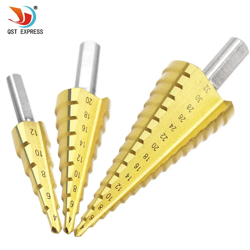 

3Pcs/lot HSS Steel Large Step Cone Titanium Coated Metal Drill Bit Cut Tool Set Hole Cutter 4-12mm 4-20mm 4-32mm Wholesale 0032