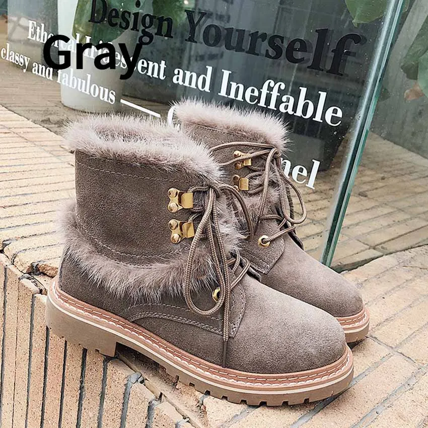 BIMUDUIYU; женские ботинки; Модные женские зимние ботинки из натуральной замши с мехом; зимняя обувь; теплые плюшевые ботильоны; обувь на плоской подошве - Цвет: Gray