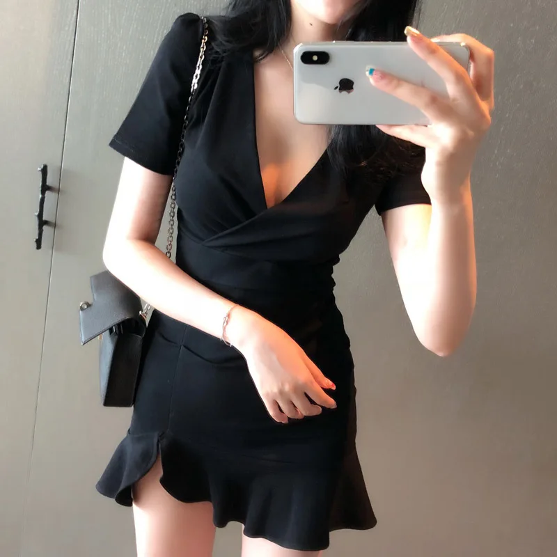 Sexy bajo pecho V cintura alta cadera delgada hoja de loto vestido femenino nuevo estilo envío gratis - 2