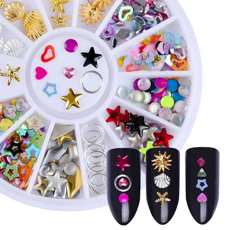 

Colorful Nail Studs Rivet Mixed Circle Heart Star Starfish Shell DIY Phone Accessories Decorations Wheel 1 Box