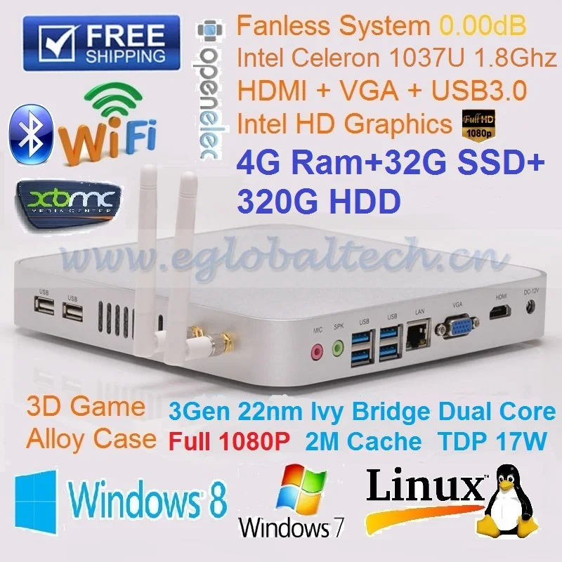  Micro PC Mini Home Computer 4GB Ram 32GB SSD 320GB HDD Intel Celeron 1037U (2M Cache, 1.8GHz) Mini PC Linux DHL Free Shipping 
