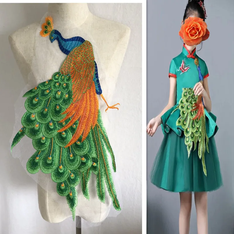 

SASKIA 1Pcs Blue Green Red Peacock Bird Mesh Embroidery Patches for clothes Lace Applique Fabric full dress Sewing On patch DIY