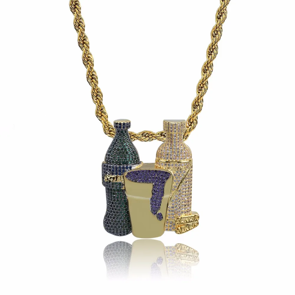 

Iced Out Wine bottle street Necklace & Pendant Hip Hop Cubic Necklace For Men Women Gold Silver Chain Jewelry Gfit dropshipping