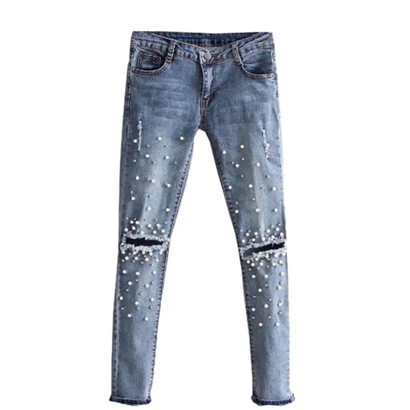 

Knee Hole Torn Jeans Women Stretch Denim Pencil Casual Slim Fit Rivet Pearl Jeans Summer Long Pants Low Waist Cowboy