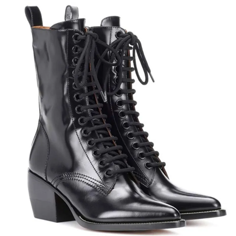 

Pointed Toe Women Martin Boots Lace Up Booties Leather High Top Ankle Combat Boots Block Heel Shoes Woman Riding Bota Feminina