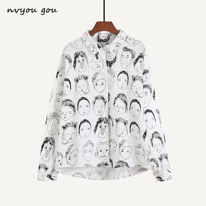 Nvyou gou модная блузка с принтом с персонажами, женские блузки с граффити, уличная одежда, отложной воротник, длинный рукав, хлопковая Свободная рубашка