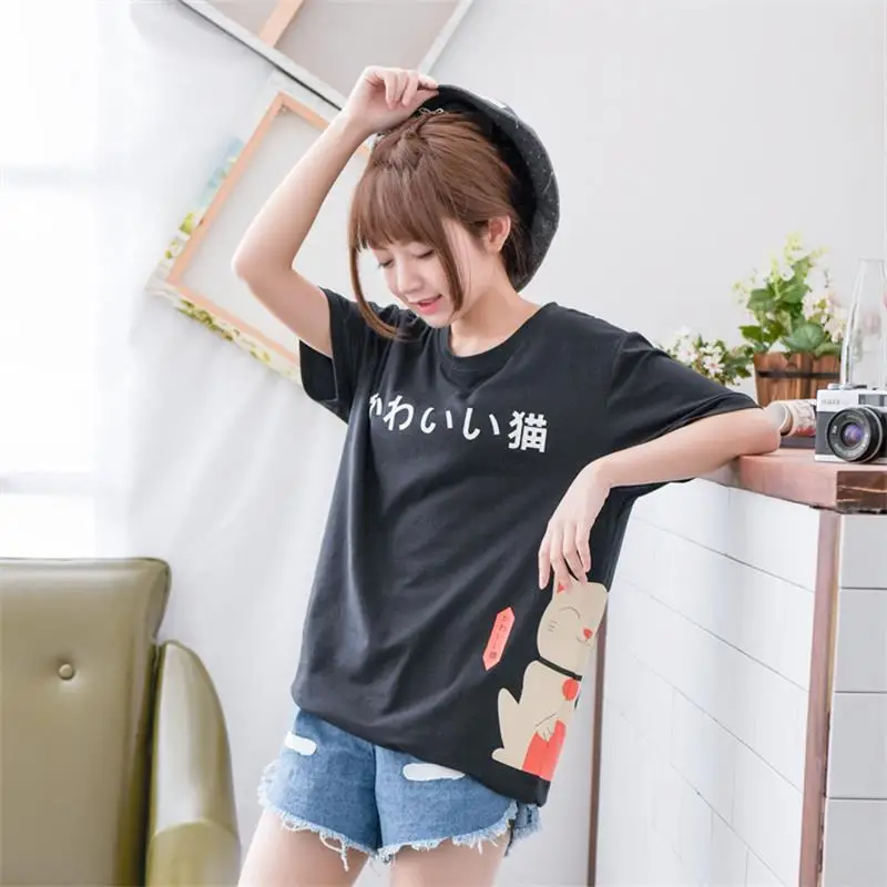 

Summer t shirt Women Harajuku tshirt Cartoon Cat Printed Cotton Tops Kawaii Japan Academy T-shirts Mori Girl wild korean Clothes