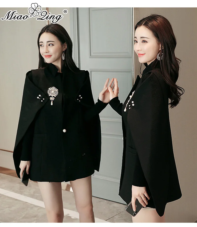 MIAOQING Autumn Designer Women Beadinged Diamond Cape Blazer Sexy Black White Ruched Coats Cape Office Wear cloak Clothes