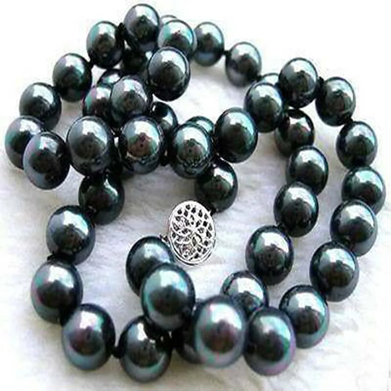 

10mm black south sea shell pearl round beads necklace 18" AAA+-NJHGY7