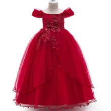 Кружевное платье принцессы из тюля с красными цветами для девочек; детское длинное летнее праздничное платье с жемчужинами; платье для девочек на свадьбу и День рождения; официальная одежда; BW076