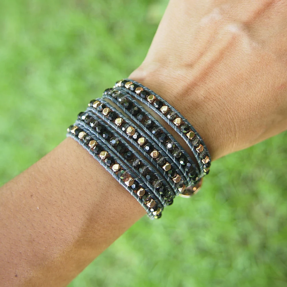 

Boho Style Brass Bead and Black Crystal Mix 5 Wraps Adjustable Bracelet Jewelry with Tree of Life Button