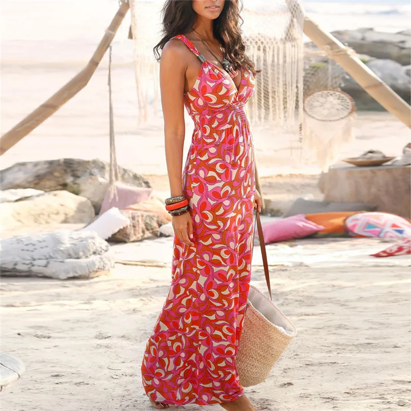 

Beach Dress Womens Bohemian Sleeveless V Neck Printed aAnkle Length Dress Party Dress #3l03