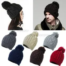 Мода года мужской Для женщин зимние теплые свободный крупной вязки вязаные с помпоном шляпа, Круглая Шапочка без полей, Кепка для леди осень-зима помпоном hat