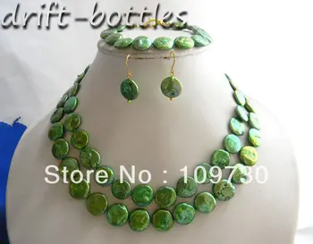 

free shipping Jewelry 00319 32''/8'' 12mm Green Coin Freshwater Pearl Necklace Bracelet Earring Set